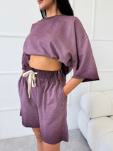 FIALOVÉ TEPLÁKOVÉ ŠORTKY GISELE S KAMIENKAMI